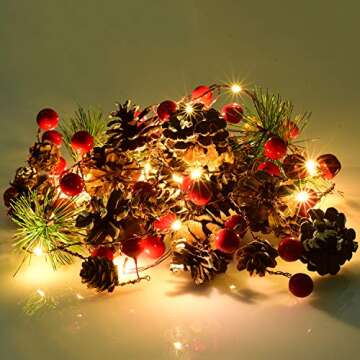 Artiflr 6.7FT Christmas Garland with Lights, 20 LED Red Berry Pine Cone Garland Lights Battery Opera...