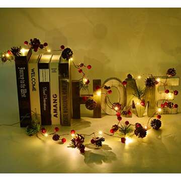 Artiflr 6.7FT Christmas Garland with Lights, 20 LED Red Berry Pine Cone Garland Lights Battery Operated, led Garland String Lights, Christmas Decorations for Home, Garland for Fireplace