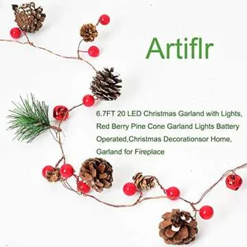 Artiflr 6.7FT Christmas Garland with Lights, 20 LED Red Berry Pine Cone Garland Lights Battery Operated, led Garland String Lights, Christmas Decorations for Home, Garland for Fireplace