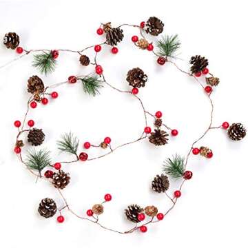Artiflr 6.7FT Christmas Garland with Lights, 20 LED Red Berry Pine Cone Garland Lights Battery Operated, led Garland String Lights, Christmas Decorations for Home, Garland for Fireplace
