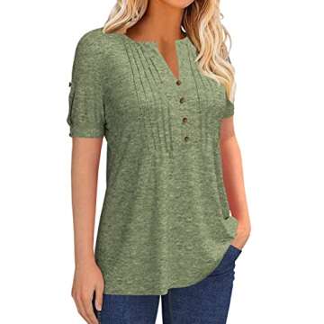 Women's Zipper Summer Pleated Button Short Sleeve T-Shirt Summer V-Neck Solid Color Casual top