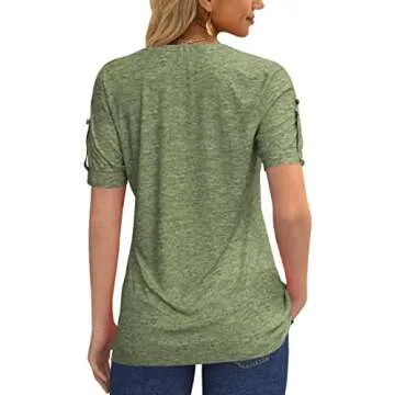 Women's Zipper Summer Pleated Button Short Sleeve T-Shirt Summer V-Neck Solid Color Casual top