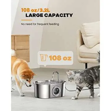 Cat Water Fountain Stainless Steel: 108oz/3.2L pet Water Fountain - Water Fountain for Cats Inside with Water Level Window - Faucet cat Fountain - Quiet Pump - for Dogs and Cats - SOOFPET