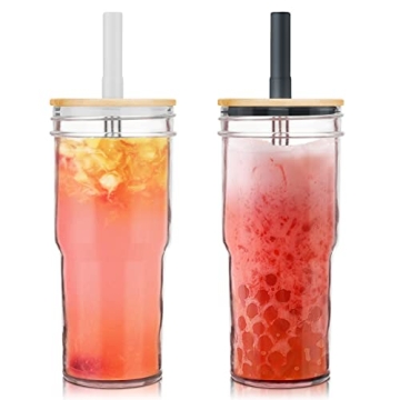Hydraful 24oz Wide Mouth Mason Jar Drinking Glasses with Bamboo Lids and Straws - Ideal for Smoothie...