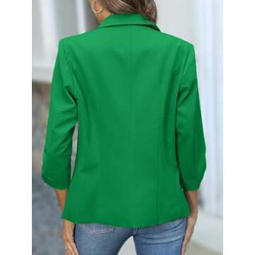 ELLEVEN Womens Blazer Business Casual Suit Jacket Slim Fit Fitted Ruched 3/4 Sleeve Petite Crop Blazer Dressy Full Lining Lightweight Outfits Coat Cardigan with Padded Shoulder Green Small