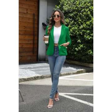 ELLEVEN Womens Blazer Business Casual Suit Jacket Slim Fit Fitted Ruched 3/4 Sleeve Petite Crop Blazer Dressy Full Lining Lightweight Outfits Coat Cardigan with Padded Shoulder Green Small