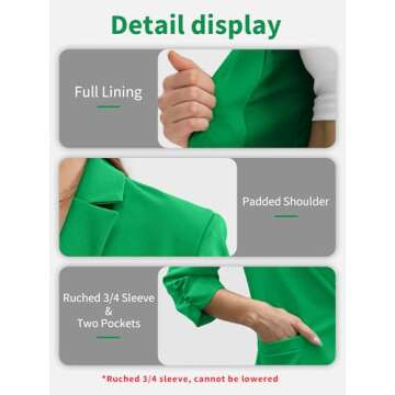 ELLEVEN Womens Blazer Business Casual Suit Jacket Slim Fit Fitted Ruched 3/4 Sleeve Petite Crop Blazer Dressy Full Lining Lightweight Outfits Coat Cardigan with Padded Shoulder Green Small