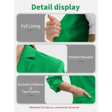 ELLEVEN Womens Blazer Business Casual Suit Jacket Slim Fit Fitted Ruched 3/4 Sleeve Petite Crop Blazer Dressy Full Lining Lightweight Outfits Coat Cardigan with Padded Shoulder Green Small