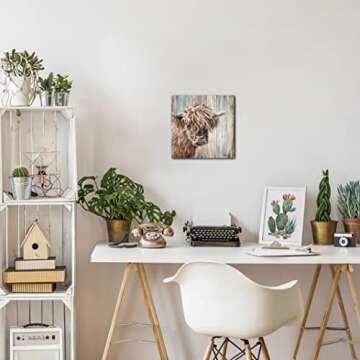 YUEYARIT Highland Cow Picture Wall Decor Canvas Print Painting Art Vintage Country Farmhouse Art for Gifts and Home Decor Ready to Hang Dining Room Bedroom Living Room Kitchen Bathroom Office