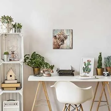 YUEYARIT Highland Cow Picture Wall Decor Canvas Print Painting Art Vintage Country Farmhouse Art for Gifts and Home Decor Ready to Hang Dining Room Bedroom Living Room Kitchen Bathroom Office