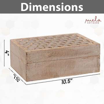 Scallop Wooden Box (Extra Large) - Light Burnt Over Grey Decorative Box w/ Felt Pads Underneath & Wooden Carving - Unique Handmade Mangowood Keepsake Storage Box for Jewelry - 10.5 x 7.5 x 4"