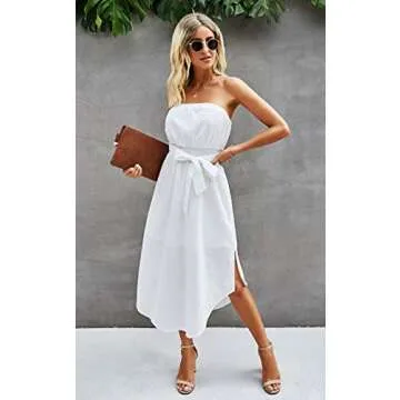 CinShein Womens Casual Off Shoulder Wrap Maxi Dress Summer Strapless Ruffle Party Beach Long Maxi Dresses with Belt White Small