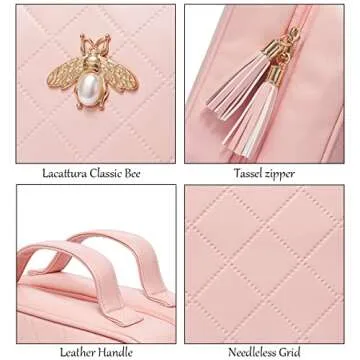 LACATTURA Hanging Toiletry Bag for Women, Leather Travel Makeup Bag, Large Cosmetic Organizer, 4 Layers Portable Waterproof Hygiene Bag, Bathroom Organizer for Shampoo, Make up, Personal Item, Pink