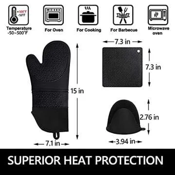 Silicone Oven Mitts and Pot Holders Sets, MTZRFLL Extra Long Heat Resistant Oven Gloves with Hot Pads and Mini Oven Mits Set for Kitchen Baking Cooking, Soft Quilted Lining, Pack of 6 (Black)