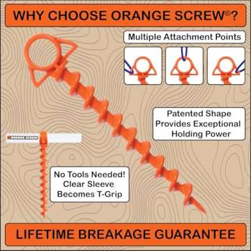 Orange Screw Ultimate Ground Anchors: Heavy Duty Screw-in Tent Stakes for High Wind, Sand, Canopies,...