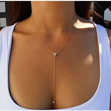 Foxgirl Dainty Long Gold Necklaces for Women, Trendy Lariat Y Necklace 14k Gold Plated Layered Beade...