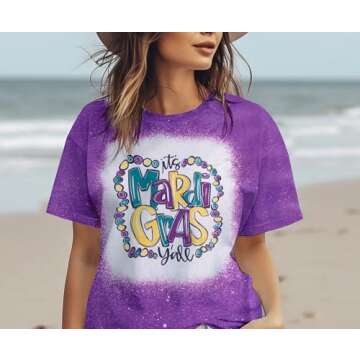 Mardi Gras Shirt for Women It's Mardi Gras Yall Shirt Carnival Outfit Shirt Holiday Bleached Short Sleeve Tops Purple