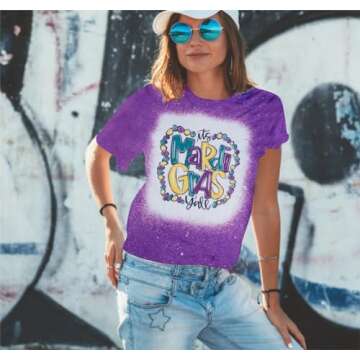 Mardi Gras Shirt for Women It's Mardi Gras Yall Shirt Carnival Outfit Shirt Holiday Bleached Short Sleeve Tops Purple