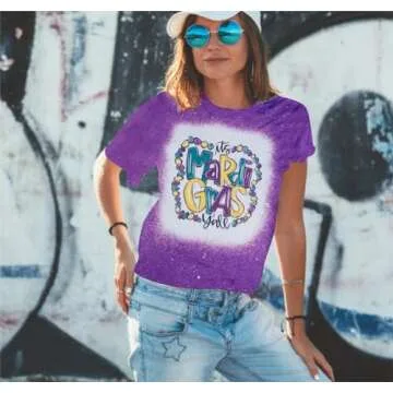 Mardi Gras Shirt for Women It's Mardi Gras Yall Shirt Carnival Outfit Shirt Holiday Bleached Short Sleeve Tops Purple