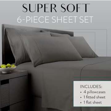 Queen Sheet Set 6 Piece Hotel Quality Bed Sheet w/ 4 Pillowcases - Microfiber Sheet Sets with Deep Pockets, Breathable Cooling Wrinkle Free, Machine Washable 6 Pc Sheets for Queen Size Bed, Gray