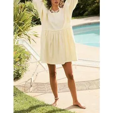 SAFRISIOR Women Summer Oversize Tunic Mini Dress Puff Sleeve Babydoll Short Flowy Dresses Casual Sundress Beige