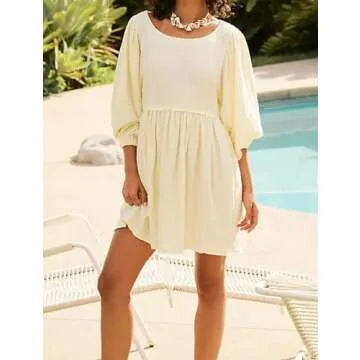 SAFRISIOR Women Summer Oversize Tunic Mini Dress Puff Sleeve Babydoll Short Flowy Dresses Casual Sundress Beige