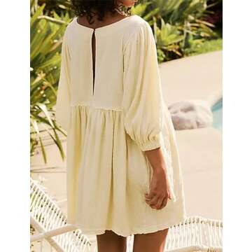SAFRISIOR Women Summer Oversize Tunic Mini Dress Puff Sleeve Babydoll Short Flowy Dresses Casual Sundress Beige