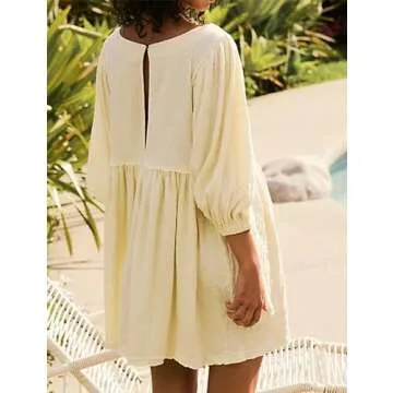 SAFRISIOR Women Summer Oversize Tunic Mini Dress Puff Sleeve Babydoll Short Flowy Dresses Casual Sundress Beige