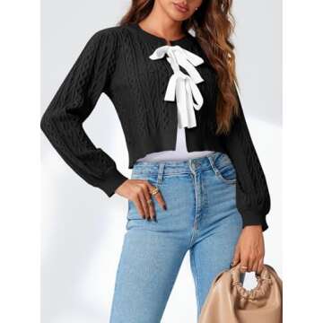 Saodimallsu Womens Cropped Cable Knit Cardigan Sweaters Long Sleeve Bow Tie Front Crew Neck Chunky Sweater Tops Black