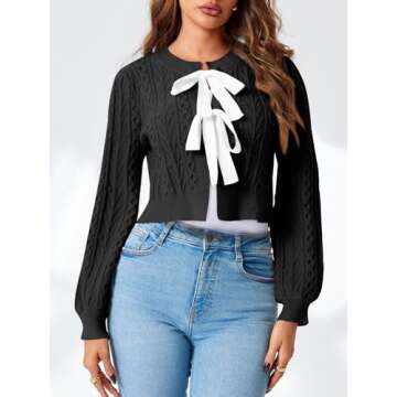 Saodimallsu Womens Cropped Cable Knit Cardigan Sweaters Long Sleeve Bow Tie Front Crew Neck Chunky Sweater Tops Black