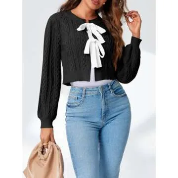 Saodimallsu Womens Cropped Cable Knit Cardigan Sweaters Long Sleeve Bow Tie Front Crew Neck Chunky Sweater Tops Black