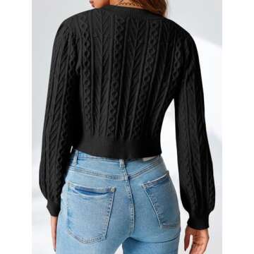 Saodimallsu Womens Cropped Cable Knit Cardigan Sweaters Long Sleeve Bow Tie Front Crew Neck Chunky Sweater Tops Black