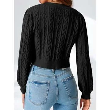 Saodimallsu Womens Cropped Cable Knit Cardigan Sweaters Long Sleeve Bow Tie Front Crew Neck Chunky Sweater Tops Black