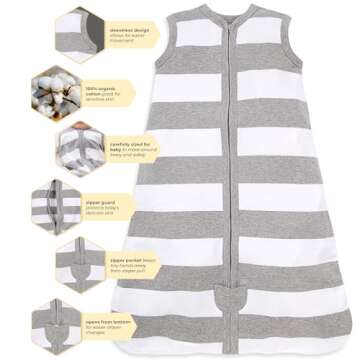 Burt's Bees Baby Baby Beekeeper Wearable Blanket, 100% Organic Cotton, Swaddle Transition Sleeping Bag, Rugby Stripe Heather Grey, Small