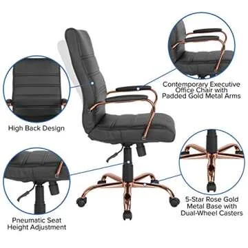 Flash Furniture Whitney High-Back Swivel LeatherSoft Desk Chair with Padded Seat and Armrests, Adjustable Height Padded Office Chair, Black/Rose Gold