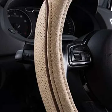 CAR PASS Line Rider Universal Fit Delux Leather Steering Wheel Cover, for suvs,sedans,Vans,Trucks for 14.7" to 15" (Beige)
