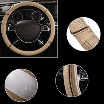CAR PASS Line Rider Universal Fit Delux Leather Steering Wheel Cover, for suvs,sedans,Vans,Trucks for 14.7" to 15" (Beige)