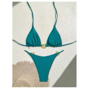 Elegant SHENHE Women's Thong Bikini Set Halter 2 Piece Swimsuit - Teal Blue