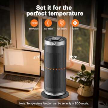 1500W 16" Space Heater with Remote Control & Thermostat, Portable PTC Ceramic Electric Heater 4 Heating Modes, 12-Hour Timer, 90° Oscillation, Tip-over Protection, Digital Display for Desk, Indoor Use