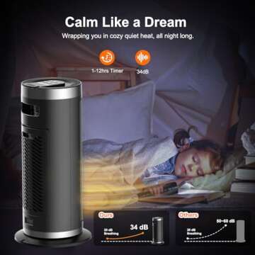 1500W 16" Space Heater with Remote Control & Thermostat, Portable PTC Ceramic Electric Heater 4 Heating Modes, 12-Hour Timer, 90° Oscillation, Tip-over Protection, Digital Display for Desk, Indoor Use