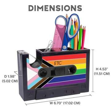 FTC Fun Cassette Tape Dispenser - Retro Office Supplies Holder - Vintage Desk Decor Accessories - 6.70" x 1.98" x 4.53" (Progress Pride Flag)