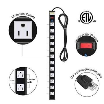 AXTRA 12-Outlet Surge Protector Power Strip, 9-Foot Heavy-Duty Cord, 450 Joules, 15-Amp Circuit Brea...