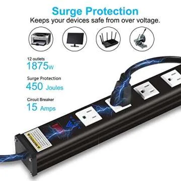 AXTRA 12-Outlet Surge Protector Power Strip, 9-Foot Heavy-Duty Cord, 450 Joules, 15-Amp Circuit Breaker for Home, Office, School, Garage, Workshop, Commercial and Industrial Environments [ETL Listed]