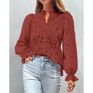 PRETTYGARDEN Women's Dressy Casual Blouse Tops Fall Spring Puff Long Sleeve Button V Neck Hollow Out Lace Embroidered Shirts (Brown Red,Medium)