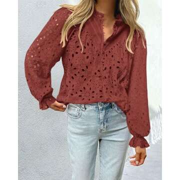 PRETTYGARDEN Women's Dressy Casual Blouse Tops Fall Spring Puff Long Sleeve Button V Neck Hollow Out Lace Embroidered Shirts (Brown Red,Medium)