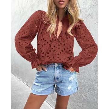 PRETTYGARDEN Women's Dressy Casual Blouse Tops Fall Spring Puff Long Sleeve Button V Neck Hollow Out Lace Embroidered Shirts (Brown Red,Medium)