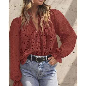 PRETTYGARDEN Women's Dressy Casual Blouse Tops Fall Spring Puff Long Sleeve Button V Neck Hollow Out Lace Embroidered Shirts (Brown Red,Medium)