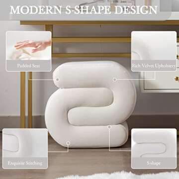 LETESA Modern Velvet Upholstered Ottoman, Exquisite Small End Table, Soft Foot Stool with S-Shape, Dressing Makeup Chair, Comfortable Seat for Living Room, Bedroom, Entrance (White, S-Shape)