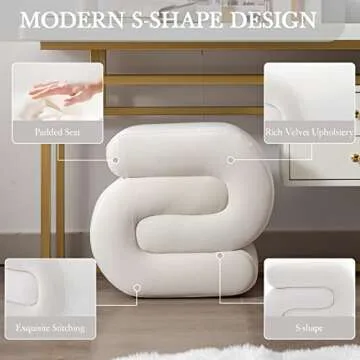 LETESA Modern Velvet Upholstered Ottoman, Exquisite Small End Table, Soft Foot Stool with S-Shape, Dressing Makeup Chair, Comfortable Seat for Living Room, Bedroom, Entrance (White, S-Shape)