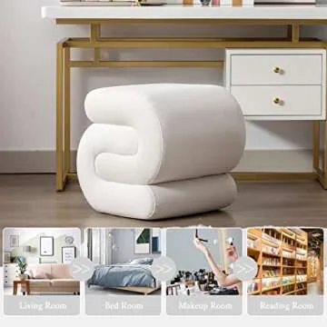 LETESA Modern Velvet Upholstered Ottoman, Exquisite Small End Table, Soft Foot Stool with S-Shape, Dressing Makeup Chair, Comfortable Seat for Living Room, Bedroom, Entrance (White, S-Shape)